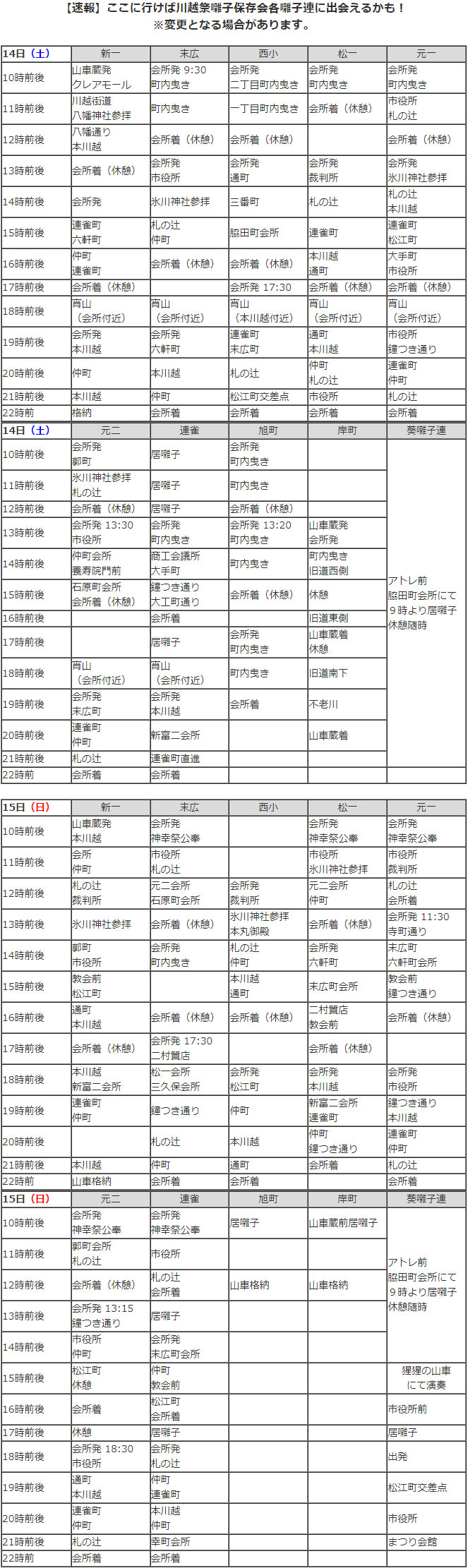 【速報】ここに行けば川越祭囃子保存会各囃子連に出会えるかも！